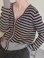 修身显瘦V领长袖小个子休闲薄款横条纹针织35%羊绒开衫，女装羊绒衫，以美红杉羊绒