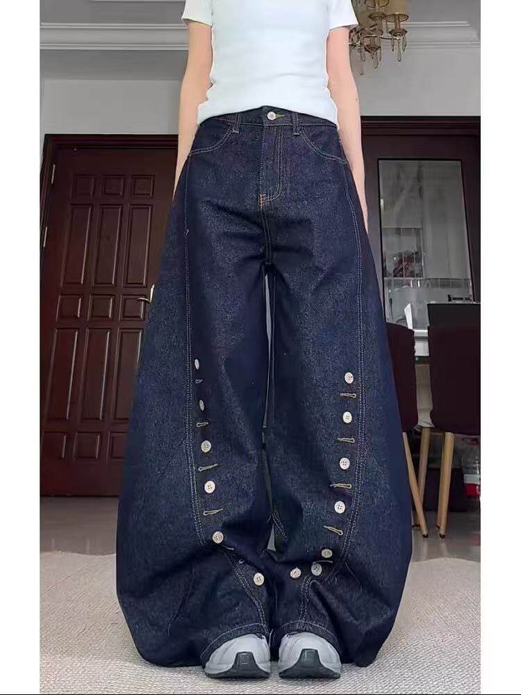 美式极简拼接设计感白色牛仔裤男女宽松阔腿cleanfit裤子,男装牛仔裤,星座613