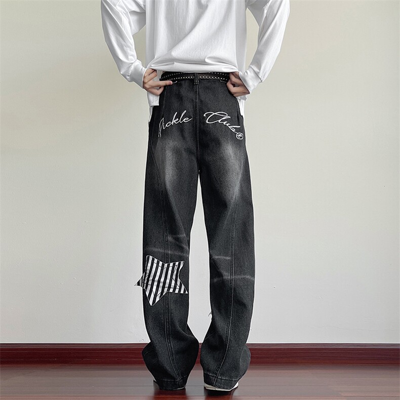 美式牛仔裤设计感弯刀贴布长裤宽松阔腿裤子女N0363-P65,男装牛仔裤,星座308B-2