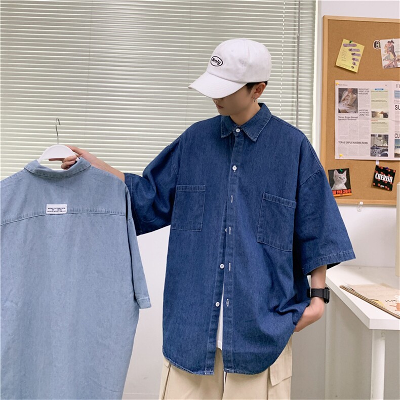 夏季潮牌牛仔衬衫男短袖韩版潮流宽松百搭日系休闲衬衣CS051-P40,男装衬衫,星座1008