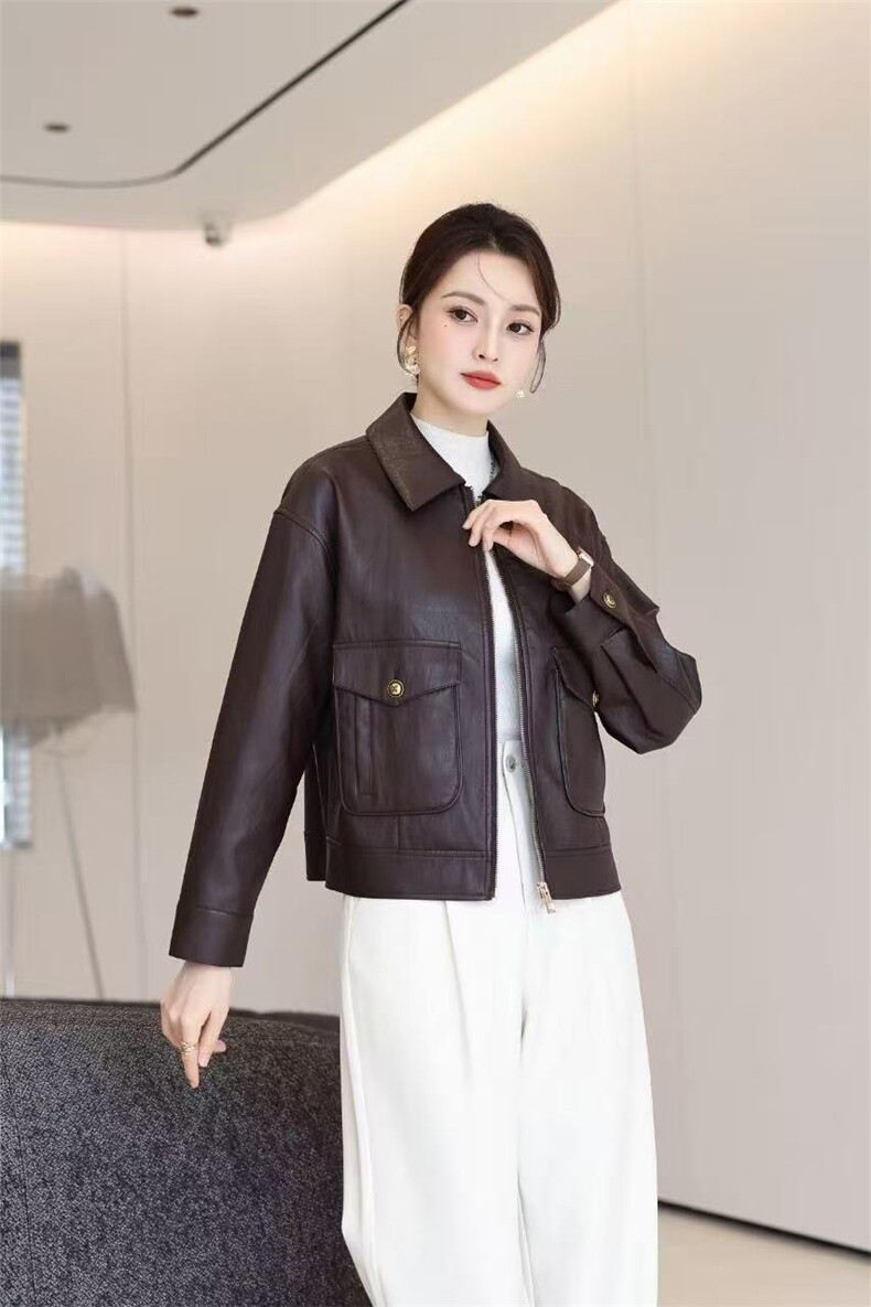 2025秋冬百搭皮衣2025年春新款摩登复古飒帅短款皮正肩夹克￥170,女装休闲裤,泰合衣坊