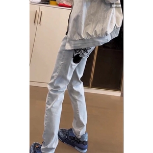 潮牌修身直筒2025新款刺绣牛仔裤男网红同款百搭字母弹力小脚长裤图片
