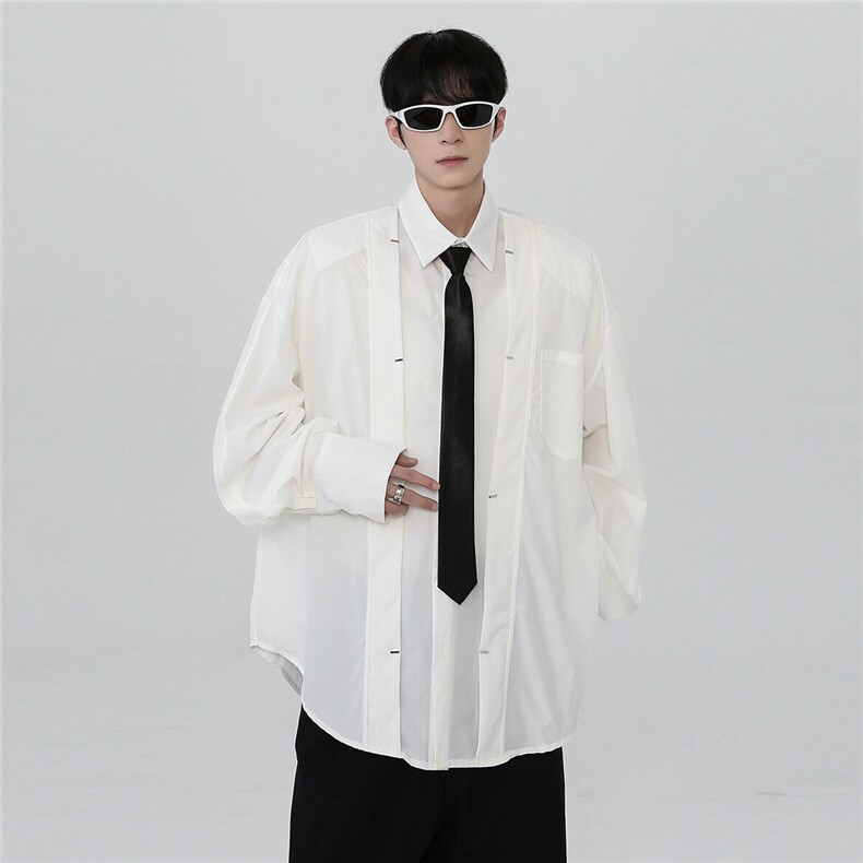 现货小众层次压皱设计感垫肩衬衫男长袖宽松廓形白衬衣CS27-P68,男装衬衫,电商C307