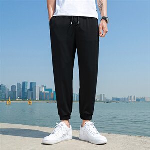 夏季透气薄款休闲长裤九分裤宽松紧腰束脚哈伦裤模黑图片