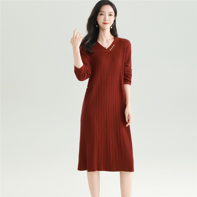 2025秋冬百搭时尚简约v领半袖针织连衣裙，女装连衣裙，雅之冉羊绒