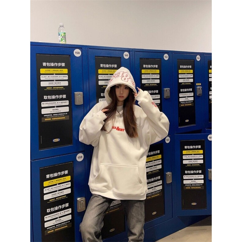 美式复古火焰字母刺绣连帽卫衣男女秋冬加绒宽松情侣潮帽衫上衣,男装卫衣,星座506A