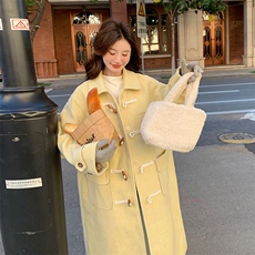 韩版学院风鹅黄色长款毛呢大衣女2025秋冬季新款显瘦加厚呢子外套，女装毛呢外套，2C058