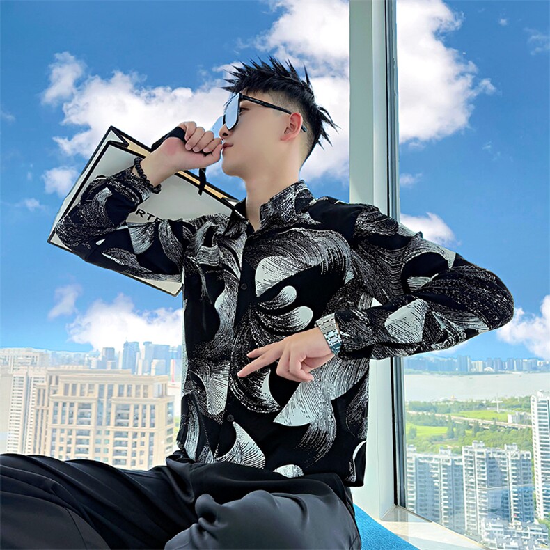 ACS106/P58控88秋季社会小伙翻领撞色高级设计感长袖衬衫男黑首,男装衬衫,星座305B-1