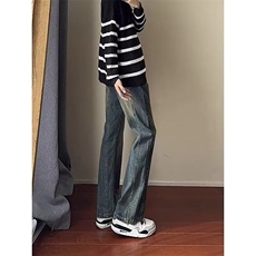 数据款现货新款美式拼接微喇牛仔裤男情侣直筒弯刀裤L8044-P48，男装牛仔裤，星座1008-1