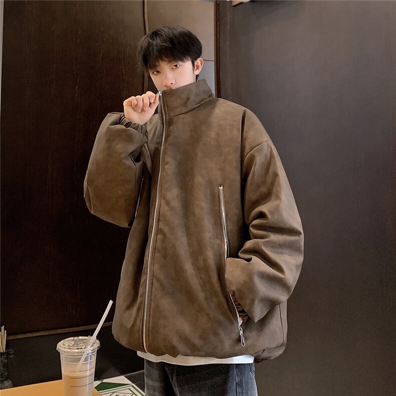 港风PU皮复古做旧双侧金属拉链设计夹克式棉衣男MY77092P130控198,男装夹克,星座227-7
