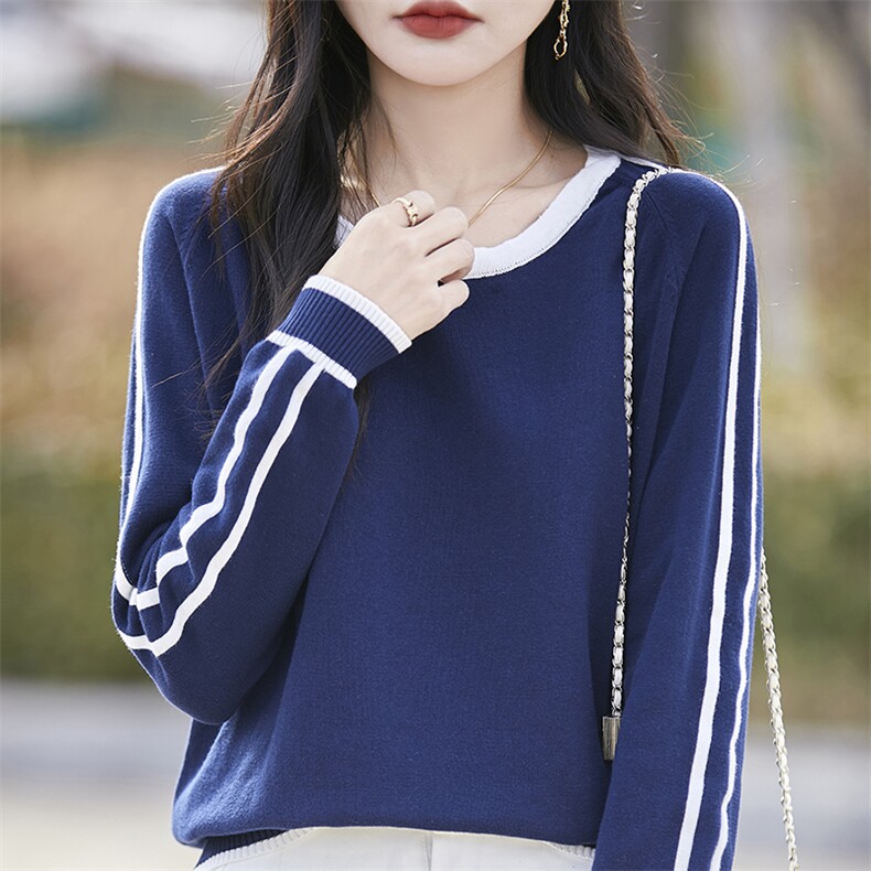 圆领纯棉毛衣打底衫女2025新款春秋季女士棉线保暖宽松拼色针织衫图片