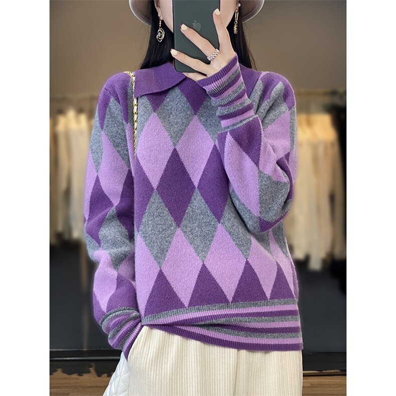 秋冬款翻领100%纯羊毛衫女polo领菱形拼色加厚毛衣宽松羊绒打底衫,女装羊毛衫,佑昭祥羊绒