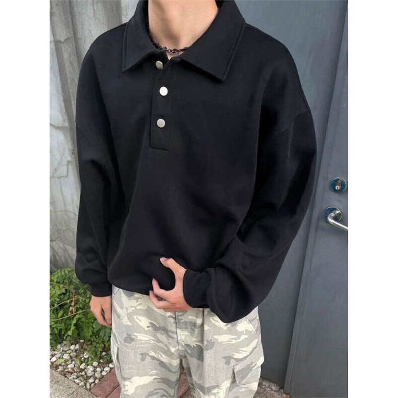 日系复古简约POLO翻领卫衣男女潮牌boxy基础百搭宽松休闲长袖上衣图片