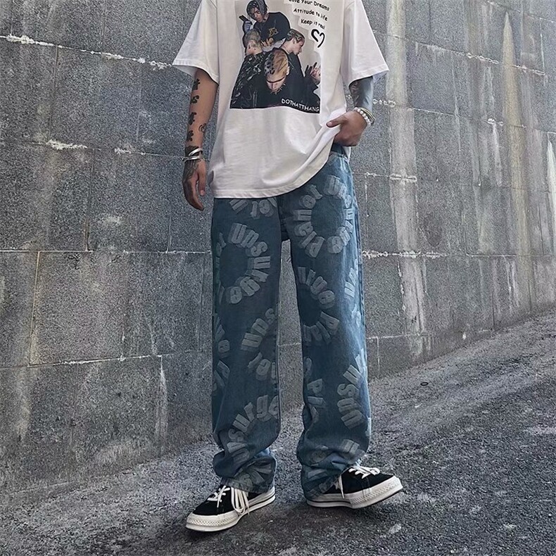 牛仔裤男圆圈字母2021夏季新款港风潮流宽松休闲裤痞子K344-P48,男装牛仔裤,星座412-2