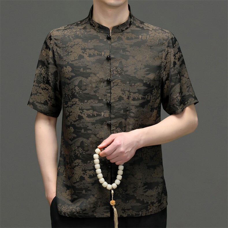 中老年唐装男夏季短袖衬衫中式立领盘扣风上衣休闲中山装套装，男装民族服装，电商B212（原钱塘6029）