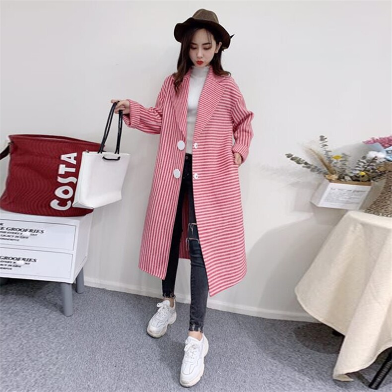 毛呢外套女宽松中长款19冬新气质减龄大码显瘦双面呢羊毛条纹大衣，女装毛呢外套，潮品会