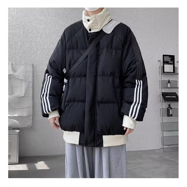 立领条纹棉服男款冬季美式撞色加厚保暖外套胖子加肥大码短款棉衣图片