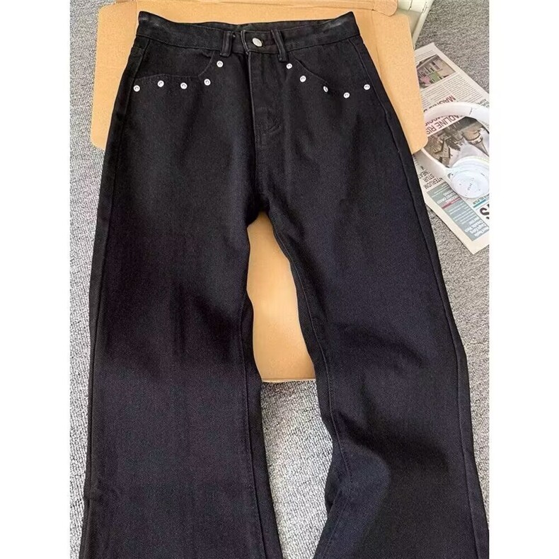 美式复古黑色微喇牛仔裤女cleanfit水洗做旧毛边铆钉显瘦休闲裤潮,男装牛仔裤,星座302B