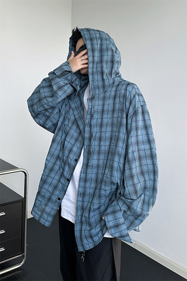廓形防晒衬衫男夏季长袖冰丝薄款亚麻格子衬衣开衫外套CS29006P50,男装衬衫,电商B312
