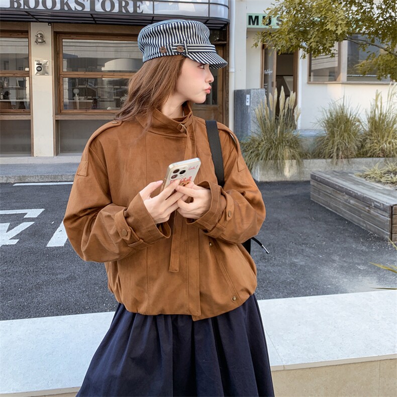 美式复古休闲风短外套女秋季2025新款仿鹿皮绒高级感宽松百搭上衣,女装短外套,帛锦泉
