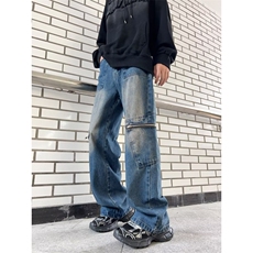 美式工装牛仔裤男拉链口袋黄泥染宽松直筒痞帅阔腿裤XN806-P52，男装牛仔裤，星座1001-1