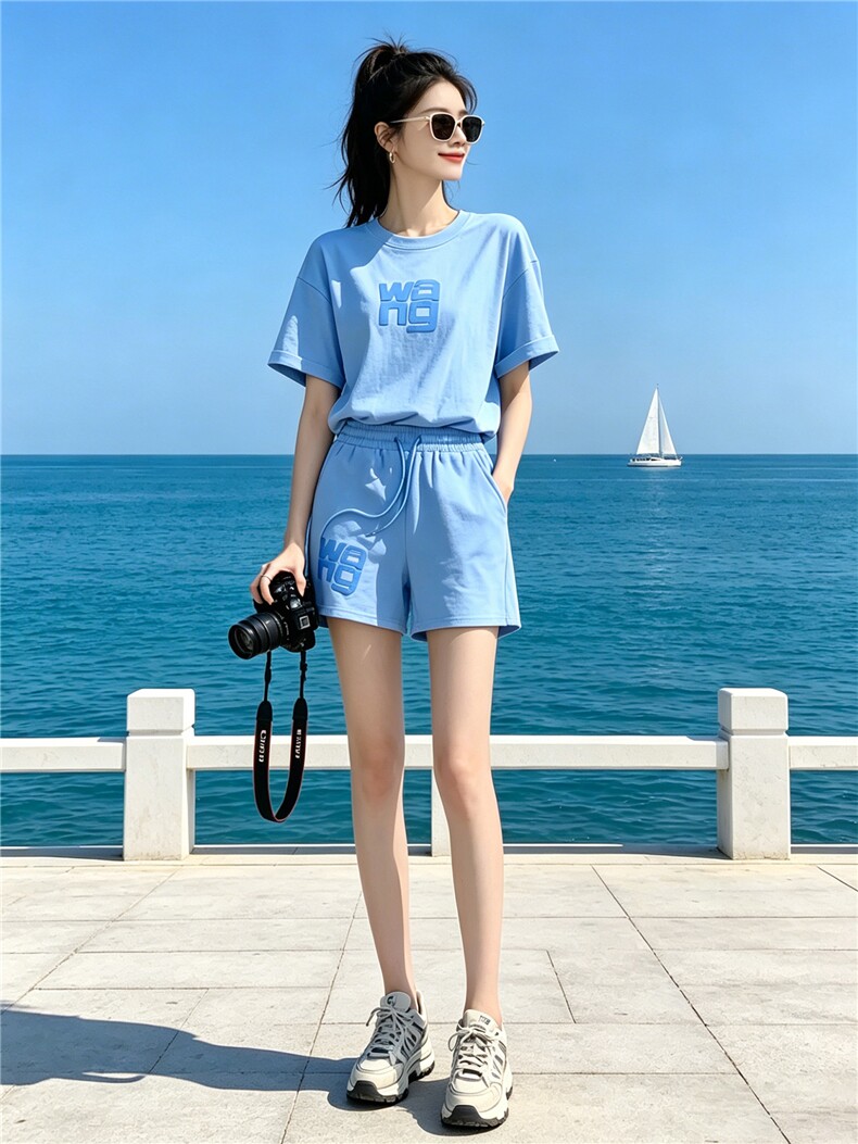 慵懒风休闲运动套装女夏新款百搭圆领刺绣印花短袖上衣短裤两件套,女装套装/套裙,江南