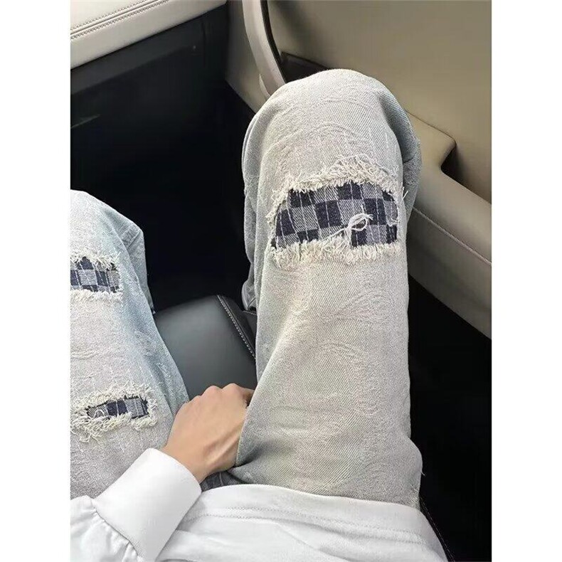 腰果花满印补丁破洞牛仔裤男潮牌痞帅炸街裤子cleanfit窄版直筒裤,男装牛仔裤,星座410-7