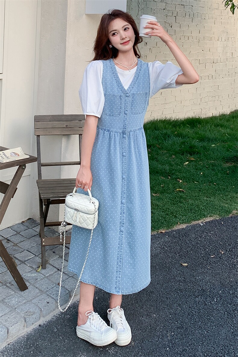 波点牛仔背带连衣裙两件套女2025年夏季新款韩系青春减龄休闲套装,女装套装/套裙,2C306