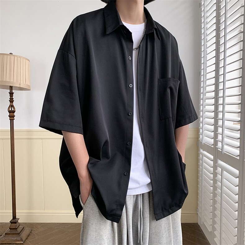 短袖衬衫文艺男青年夏季新款港风宽松冰丝坠感衬衣CS8805-35,男装衬衫,星座214-3