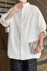 C1020/P28夏款衬衣立领五分中袖男女短袖衬衫七分袖大码图片