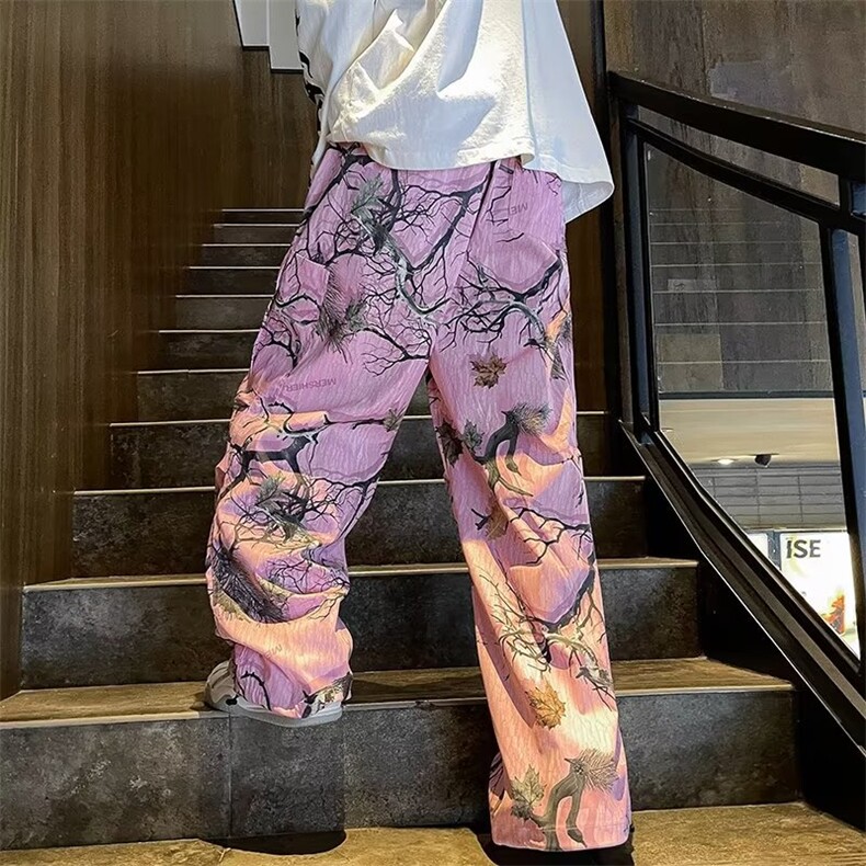 美式复古休闲裤女夏季宽松显瘦树枝印花休闲裤UK121P35,男装休闲裤,星座1116-2