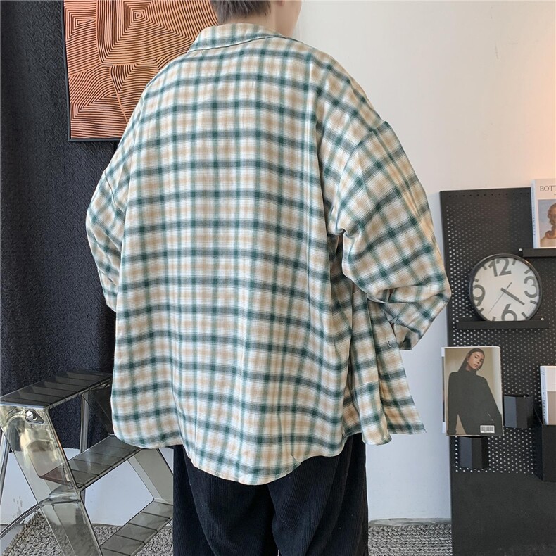 秋装新款长袖衬衫男潮流宽松格子衬衣潮牌港风休闲外套H211/P45,男装衬衫,钱塘713