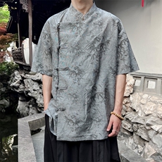 真棉麻！现货斜门襟风复古汉服盘扣立领短袖衬衫T恤CS35-P65，男装T恤，电商A021