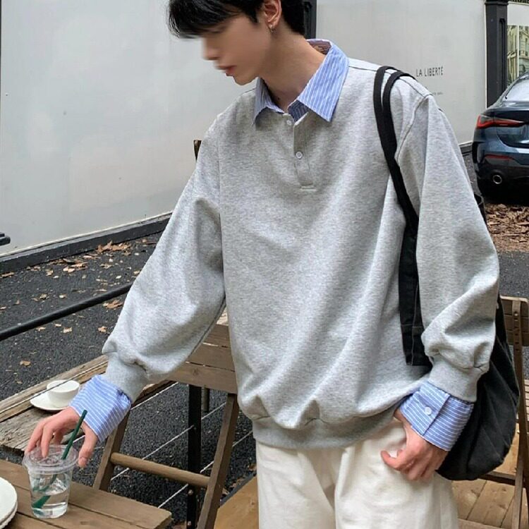 假两件衬衫领卫衣男秋季小众撞色拼接翻领外套韩版高级感长袖上衣图片