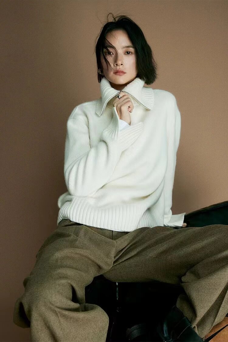 重磅轻奢澳洲羊毛衫女加厚半开高翻领毛衣宽松休闲慵懒针织衫,女装羊毛衫,胜酷羊绒
