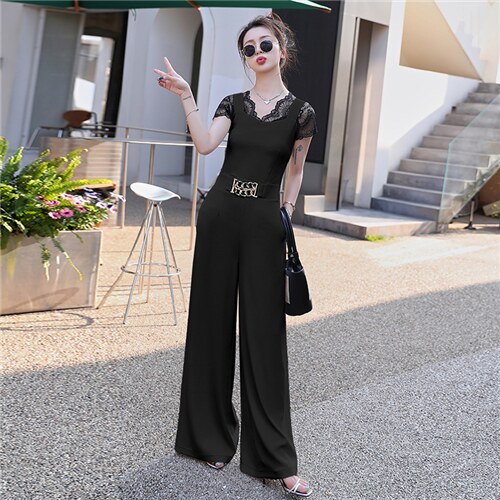 2024年夏季韩版通勤时尚潮流蕾丝上衣+连体裤两件套，女装套装/套裙，时尚俏佳人