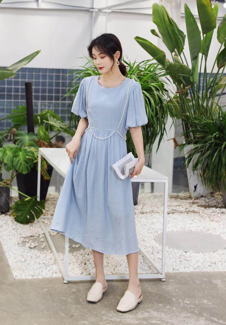 【现货】夏季新款纯色泡泡袖珍珠链条超仙连衣裙，女装连衣裙，东洋天堂之花