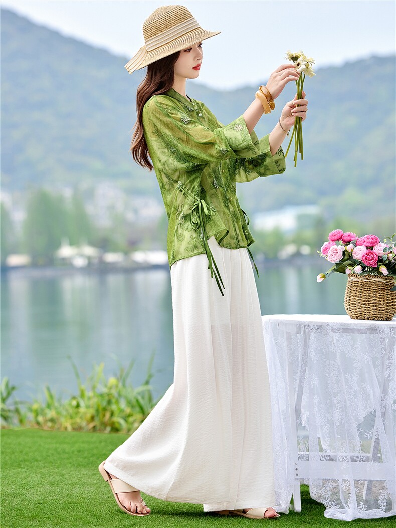 2026年夏季新中式重工刺绣衬衫防晒女宽松立领阔腿裤两件套,女装套装/套裙,米尚