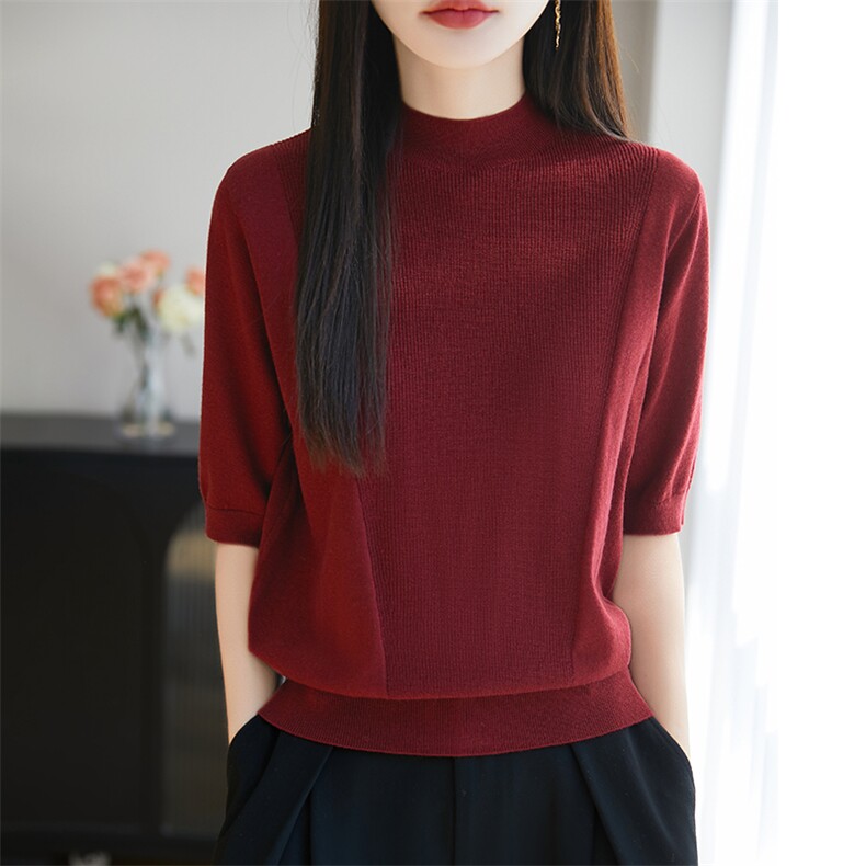 法式高端半高领五分袖打底衫女T恤2025新款中袖精纺薄款毛衣小衫,针织衫/毛衣,暖烁特种纱工厂店