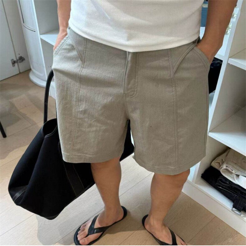 老钱风拼接棉麻短裤男士夏季外穿慵懒风五分裤宽松休闲半截裤中裤图片