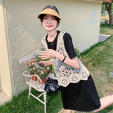 法式叠穿镂空马甲小个子2025夏季新款设计感宽松T恤裙，女装连衣裙，2C262