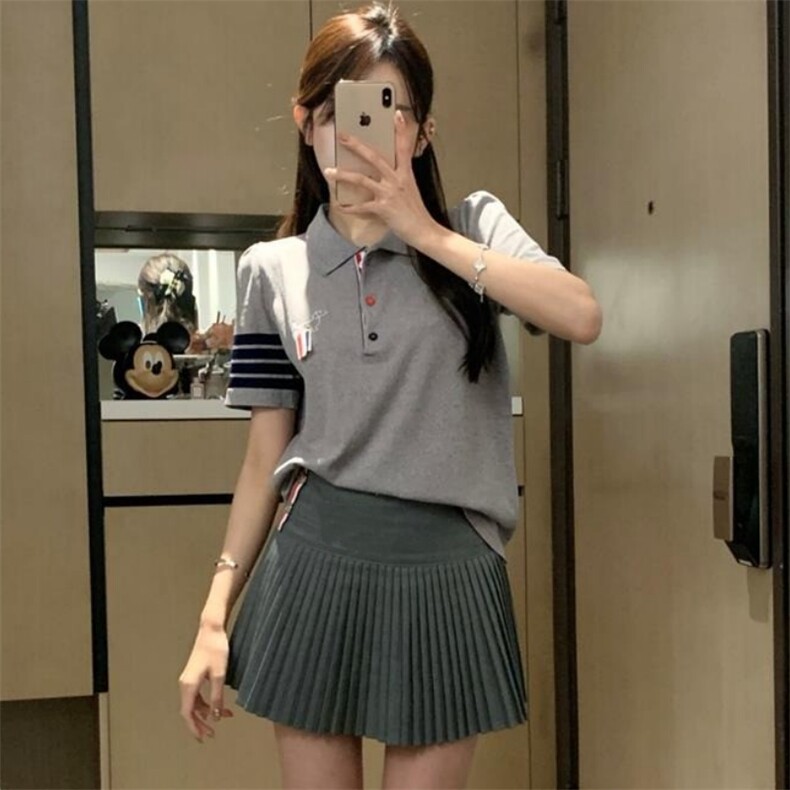 学院风胸前织带小狗刺绣针织POLO衫冰丝短袖T恤上衣女2025夏季款,女装T恤,宛庄羊绒