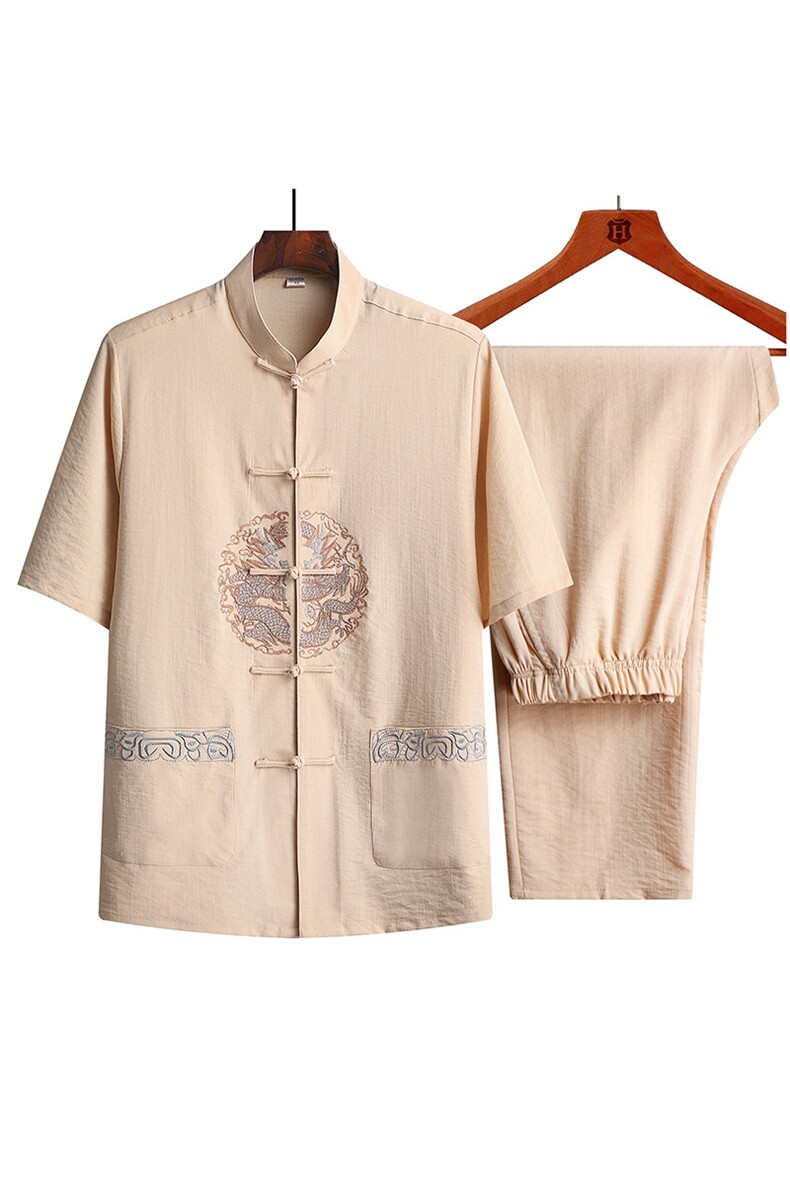 夏季风唐装中年棉麻短袖衬衫太极服宽松套装CF931-套装P90,男装休闲套装,星座1105-3