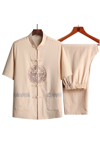 夏季风唐装中年棉麻短袖衬衫太极服宽松套装CF931-套装P90图片