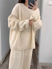 秋冬款慵懒风百搭圆领宽松舒适显瘦休闲内搭套头针织衫，女装针织衫/毛衣，半城羊绒