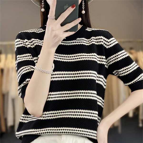 针织短袖t恤女2025新款条纹大码女装夏季针织衫图片