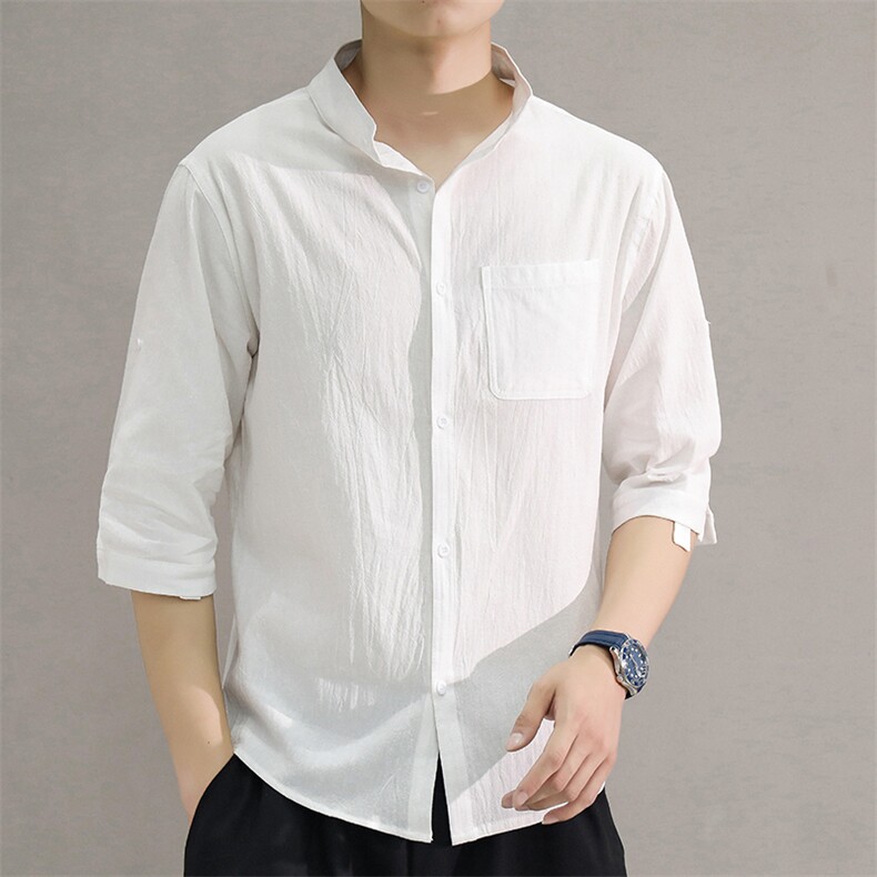 夏季立领洗水皱透气吸汗男七分袖宽松大码潮男装衬衣C1020-P24，男装衬衫，星座1109-2