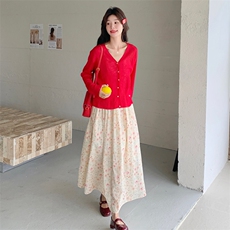 红色披肩碎花吊带连衣裙两件套女春秋2025新款一整套穿搭减龄显瘦，女装套装/套裙，欧黛芙妮