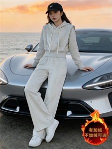 秋冬新款时尚穿搭减龄套装女收腰显瘦浅灰色连帽卫衣阔腿裤两件套图片