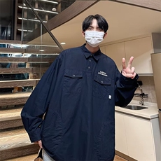 日系复古简约字母刺绣衬衫男士长袖翻领多口袋休闲衬衣春秋季外套，男装衬衫，星座716-4